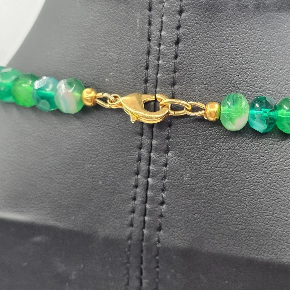 Chunky Beaded Necklace Blue Green Crystal Faceted Beads Gold Clasp Fashion Jewel